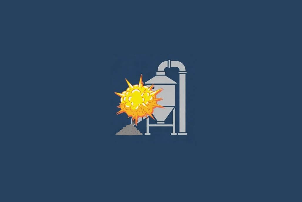 Illustration of a combustible dust explosion in industrial process equipment caused by ignition and confinement