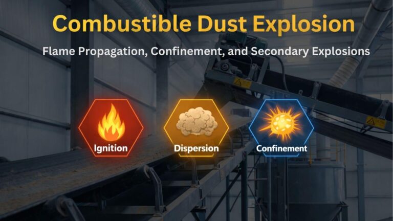 Industrial dust handling system illustrating ignition, dispersion, and confinement mechanisms in combustible dust explosions