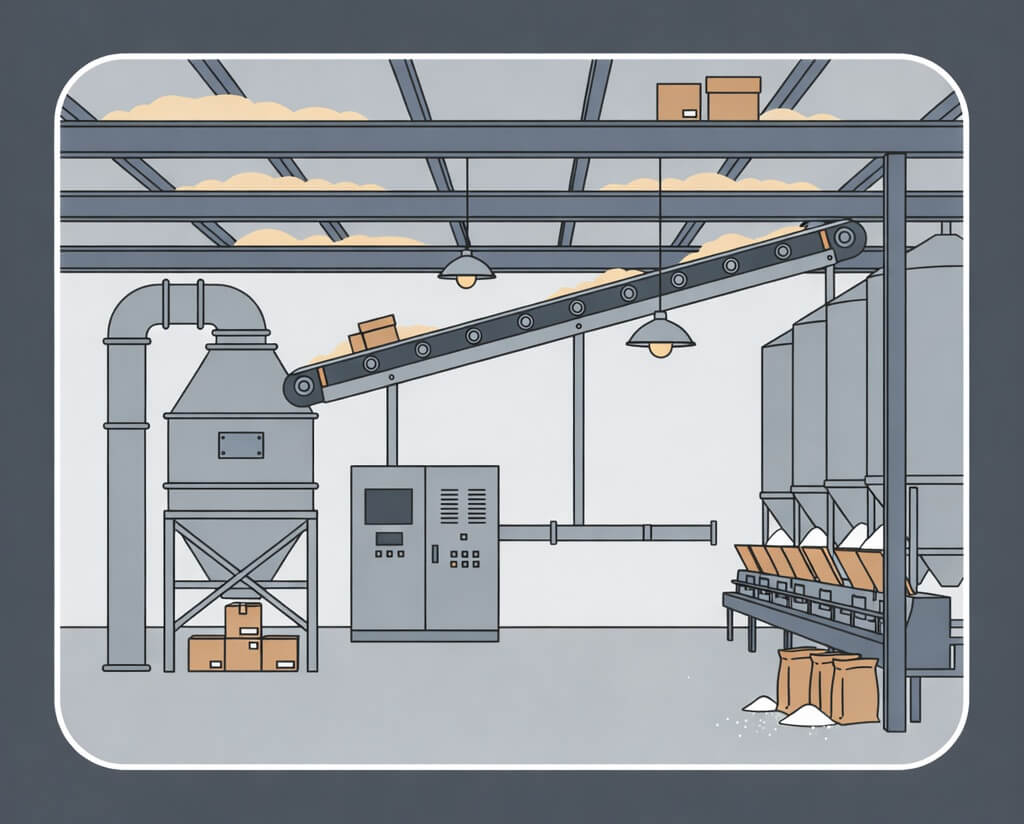 Illustration of combustible dust hazards in a storage and handling facility, including dust accumulation on elevated surfaces and dust release at material transfer points