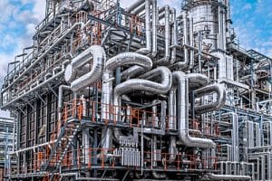 Industrial facility with complex piping systems symbolizing the role of Mechanical Integrity in equipment reliability and process safety.