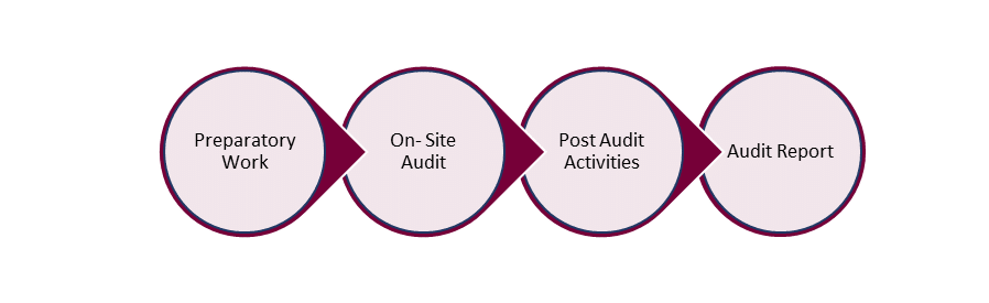 Flow diagram with four steps of a periodic Process Safety Management (PSM) audit: preparatory work, on-site audit, post-audit activities, and audit report.