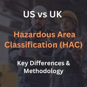Comparison of US and UK hazardous area classification systems with overlay text showing key differences in regulations and safety approaches.