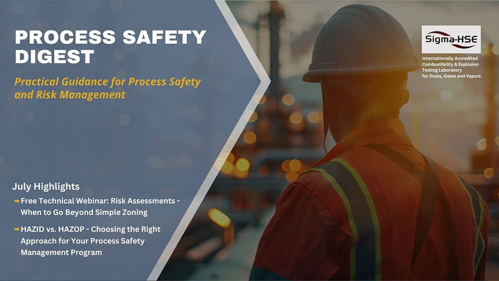 Process Safety Digest July 2025 cover showing a worker in PPE with highlights on risk assessments and HAZID vs. HAZOP